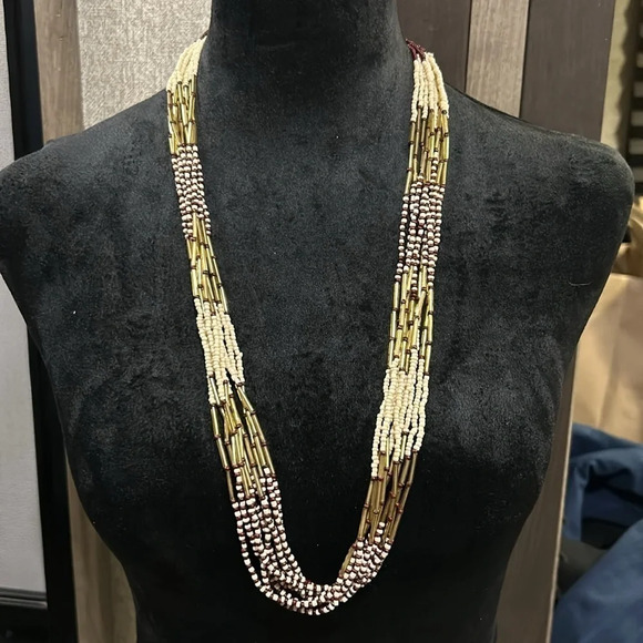 Multi Strand Woven & Beaded Long Necklace Red White & Gold - Picture 2 of 4